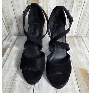 Forever 21 Womens Black Faux Suede Platform Block Heel Ankle Strap Sandals 6